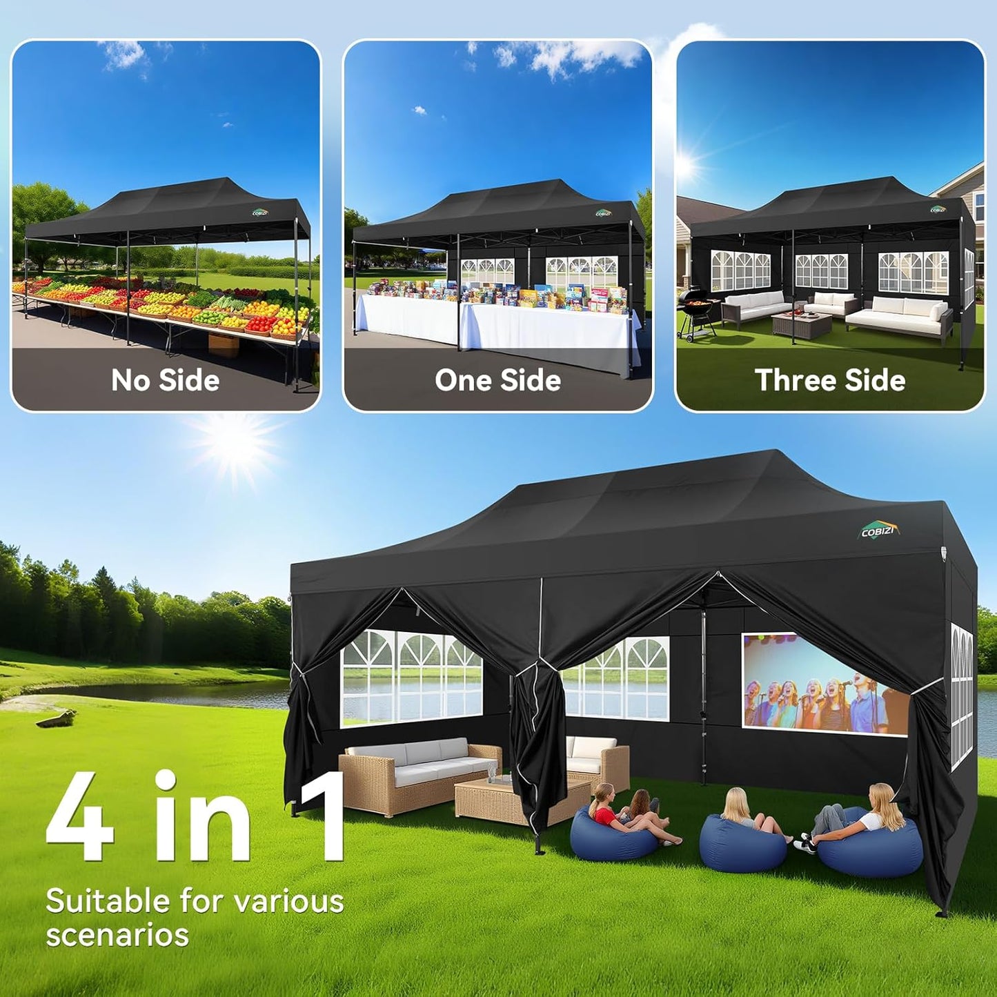 COBIZI 10x20 Pop up Canopy Tent Heavy Duty with 6 Sidewalls, Easy Set-up Commercial Outdoor Party Tent, 100% Waterproof Wedding Tent Gazebo, 3 Height Adjustable with Wheeled Bag, Black