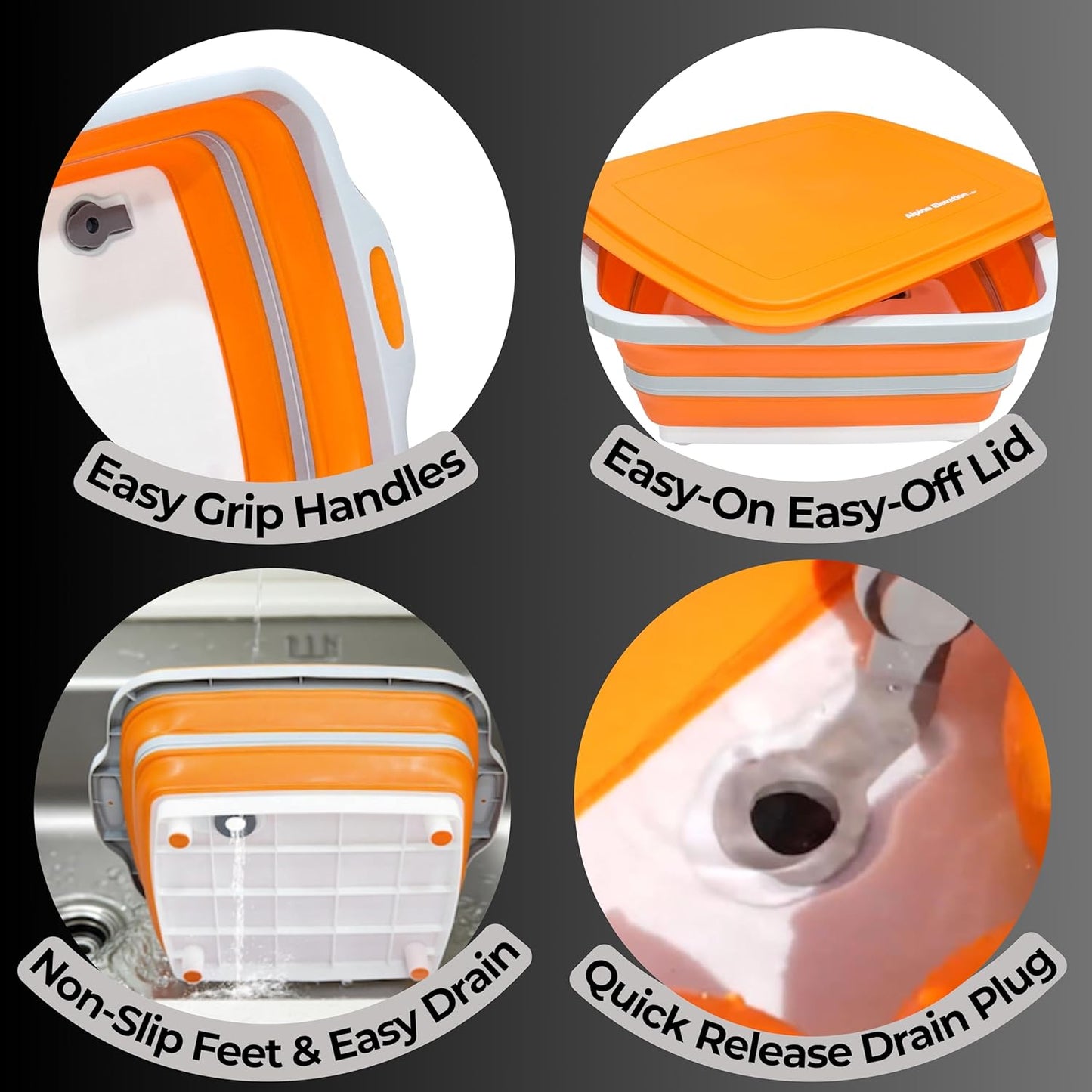 Collapsible Large (8L) BBQ Marinating Tub w/Cutting Board | Multipurpose Food-Grade TPE Prep Tub w/Lid | Built-in Colander & Drain Plug - for Camping | Tailgate | Picnic - Bold Orange