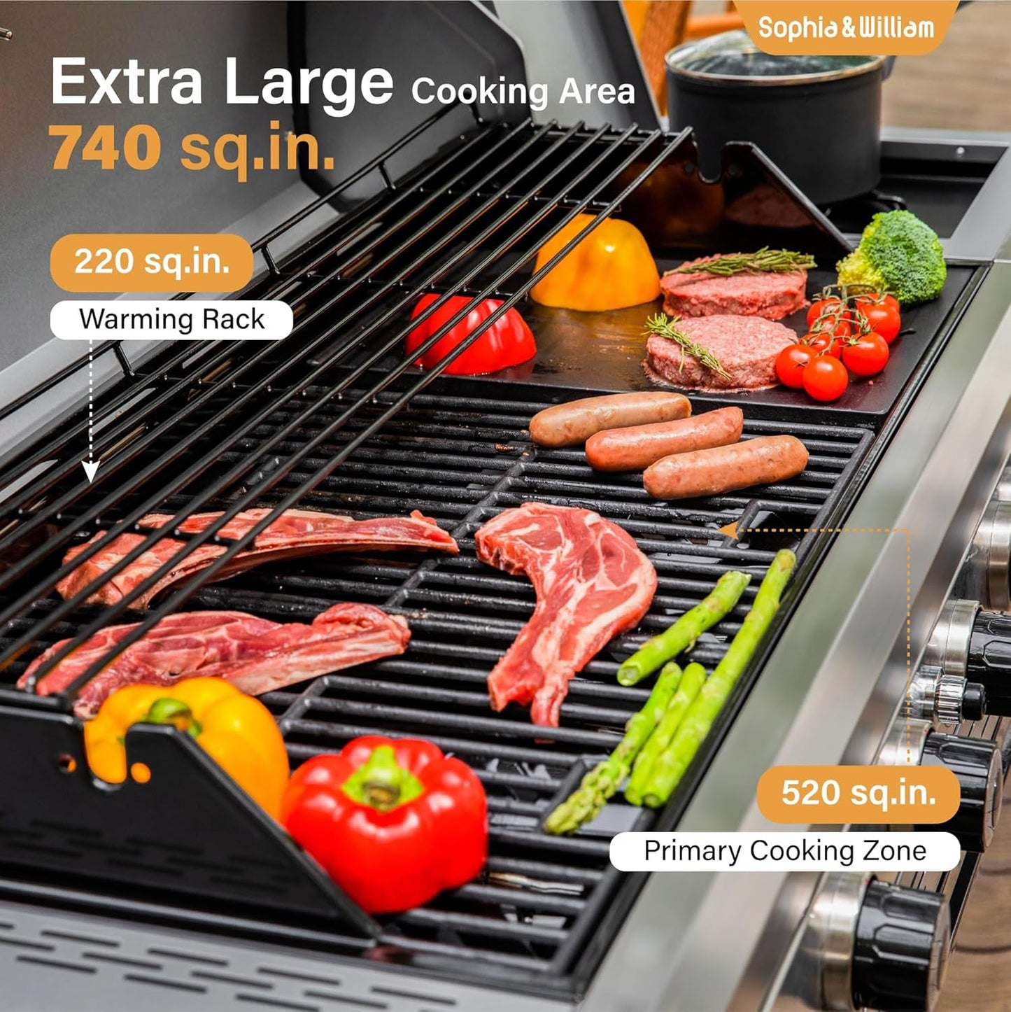 Sophia & William 6-Burner Propane Gas BBQ Grill with Side Burner & Porcelain-Enameled Cast Iron Grates, Gas Grill Griddle Combo for Outdoor Cooking, Barbecue Events, 740 SQ.IN. Cooking Area, Black
