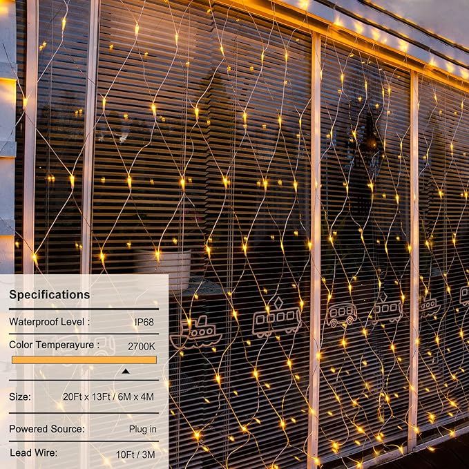 20Ft x 13Ft Net Lights Outdoor Mesh Lights Plug in, 720 LED Net Lights IP68 Fully Waterproof for Party Garden Backyard Wall Bush Christmas Decor (Warm White)