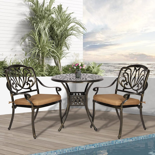 3-Piece Outdoor Patio Dining Set, All-Weather Cast Aluminum Patio Furniture Set for Backyard Garden Deck with 2 Cushioned Chairs and 31” Round Table, 2" Umbrella Hole