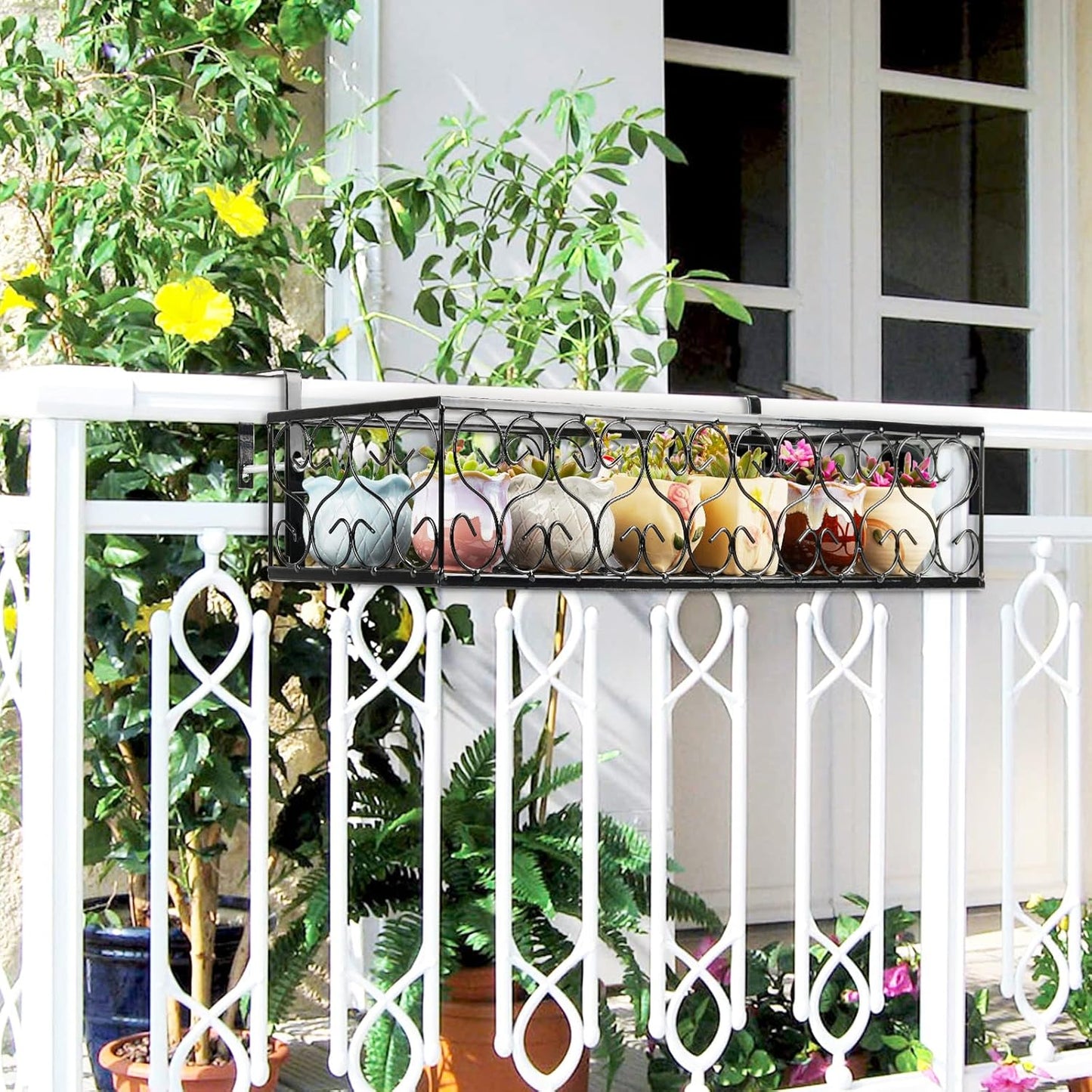 Balcony Flower Pot Stand Rack Patio Railing Shelf Plant Pots Holder Windows decorate (L, Black)