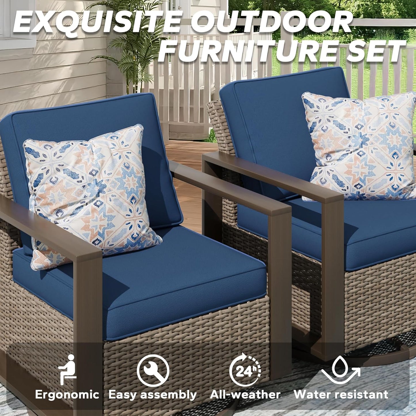 Wicker Patio 75" Sofa Set with 2 Swivel Chairs, All Weather Rattan Outdoor Conversation Furniture Set with Wood-Looking Metal Armrest & Removable Cushions for Backyard Porch, Dark Blue
