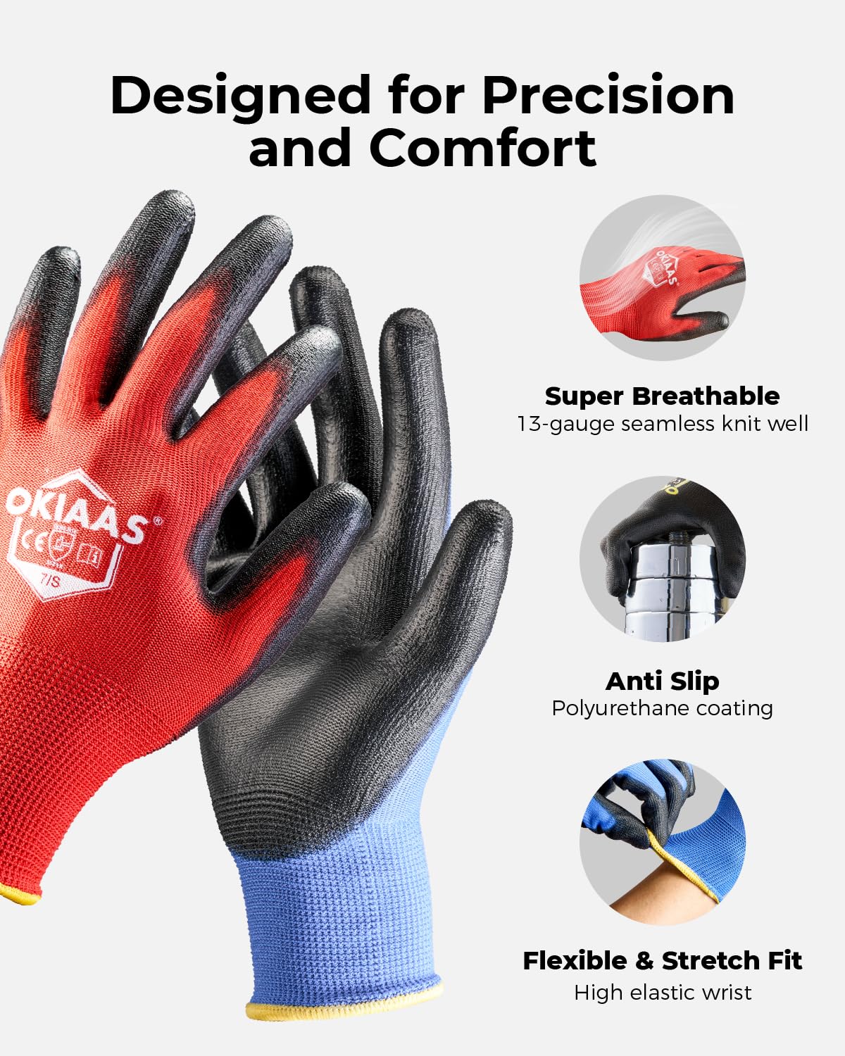 OKIAAS Work Gloves for Men，Ultra Thin and Lightweight Working Gloves with Grip, 12 Pairs Bulk Pack with Polyurethane Coating, for Light Duty Work (Blue, Small)