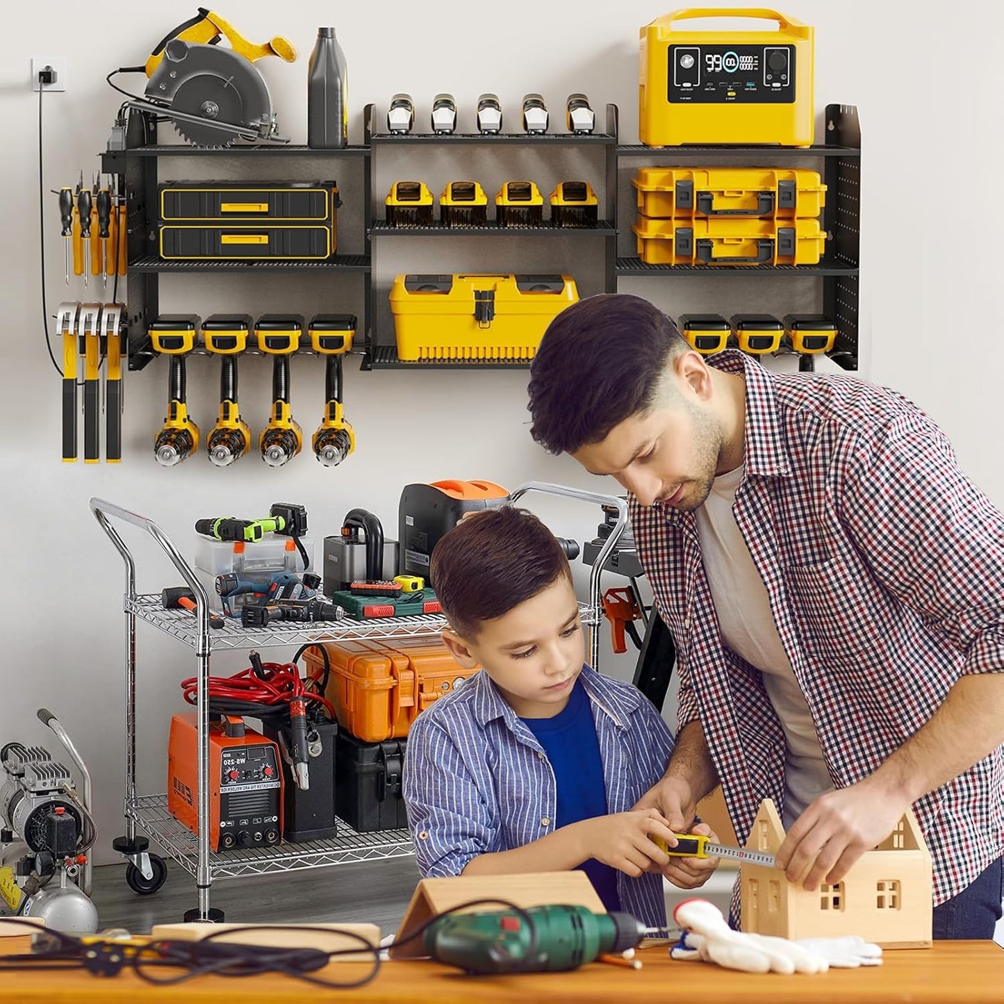 Power Tool Organizer with Charging Station Wall Mount, 3 Layer Expanded Heavy Duty Garage Organization, 45.5 Inch Length Garage Tool Storage, 8 Drills, 2 Assemble Method, Black