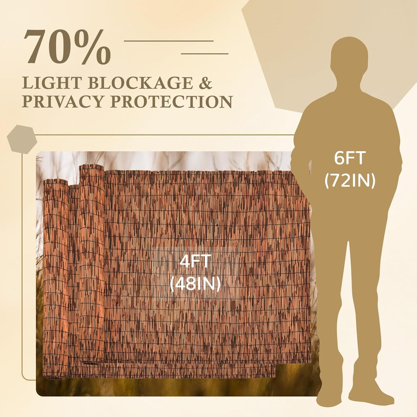 Brown 2 Pack 4FT X 16.4FT Reed Fencing Roll, Balcony Privacy Shade Reed Bamboo Fencing Garden Fence Border, Wind Block Sunshade Fence Screen for Outdoor Yard Patio Flower Bed Edge