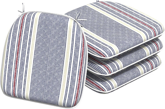 Indoor/Outdoor Chair Cushions 16x17 Inch, Patio Chair Cushions with Ties, All Weather Seat Cushions for Patio Furniture Home Garden Chair Use, Set of 4, Stripe Denim Blue