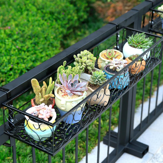 Metal Planter Flower Pot Holder Railing Shelf, Iron Balcony Planters Railing Hanging Bucket Pot Flower Holder with Hooks for Outdoor Garden Porch Patio(Black, 23.6 x 7.8 x 4.7 Inch)