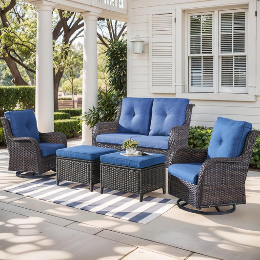 Outdoor Wicker Patio Furniture Set - 5 Piece Rattan Patio Conversation Set with 2 Rocking Swivel Chairs,2 Ottomans and 1 Loveseat for Porch Deck Backyard Garden(Brown/Blue)