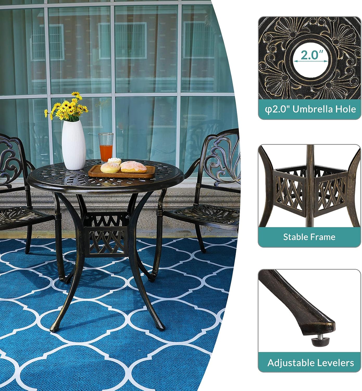 MEETWARM 3 Piece Patio Bistro Set, Outdoor All-Weather Cast Aluminum Dining Furniture Set Includes 2 Chairs and a 31” Round Table with Umbrella Hole for Garden Deck