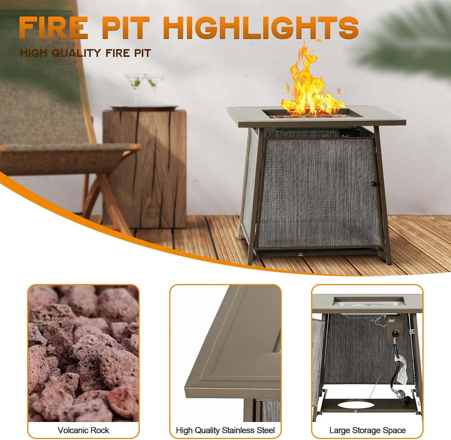 BALI OUTDOORS 50,000 BTU Propane Fire Pit Outdoor, 28 inch Propane Fire Pit Table Square, Gas Firepits for Outside Patio, Garden, Backyard