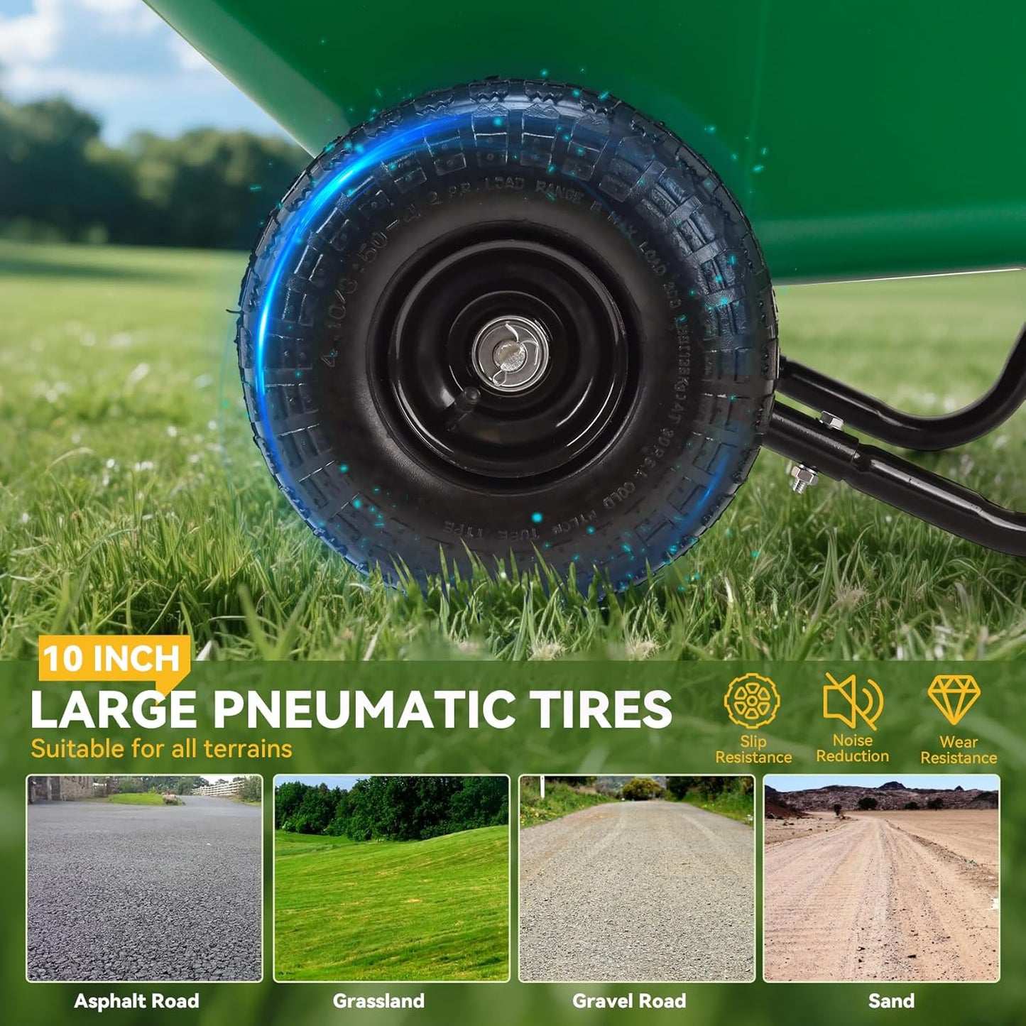 Folding Dual-Wheel Wheelbarrow,Heavy-Duty 330 LB Garden cart,10 inch Air-Filled Tires,Home Garden Yard Utility for Outdoor Lawn Yard Farm Ranch(Green)