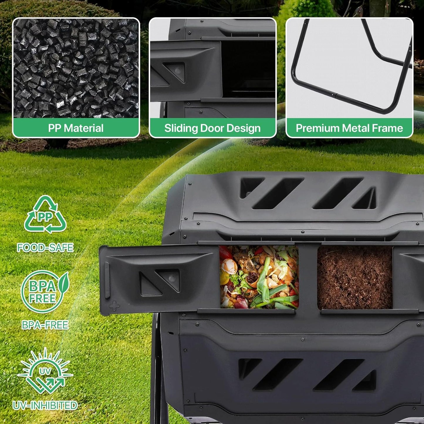 Athena Collection Compost Tumbler, 2 X 21.5 Gallons Dual Composter Chamber Outdoor, Easy Turn & Fast Rotating Compost Bins with 2 Sliding Doors, Easy Assembly, for Garden, Yard and Outdoor Use
