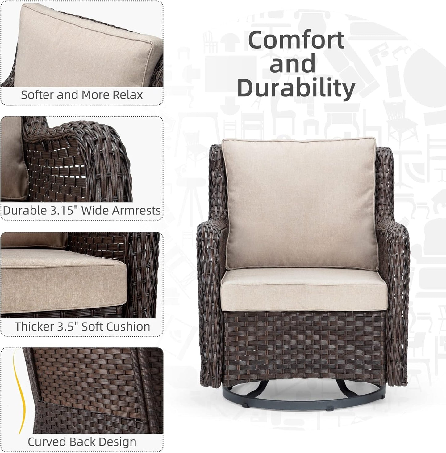 Towallmark Outdoor Swivel Wicker Glider Patio Chairs with Table Set, 3 Pieces Outdoor Bistro Set with 4”Thick Cushions and Coffee Table for Porch, Balcony, Deck (Beige)