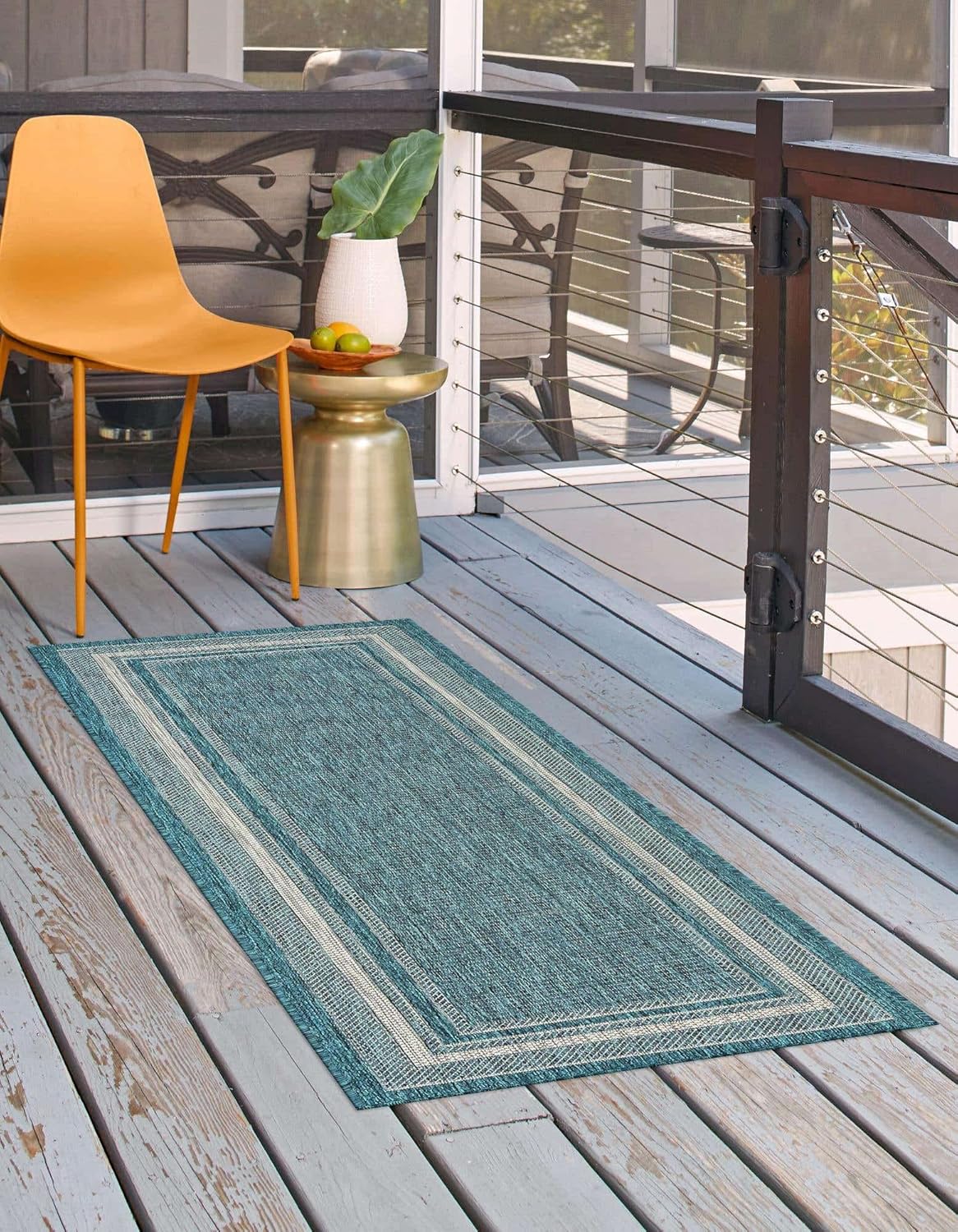 Unique Loom Outdoor Border Collection Area Rug - Soft Border (2' x 8' Runner, Teal/ Ivory)