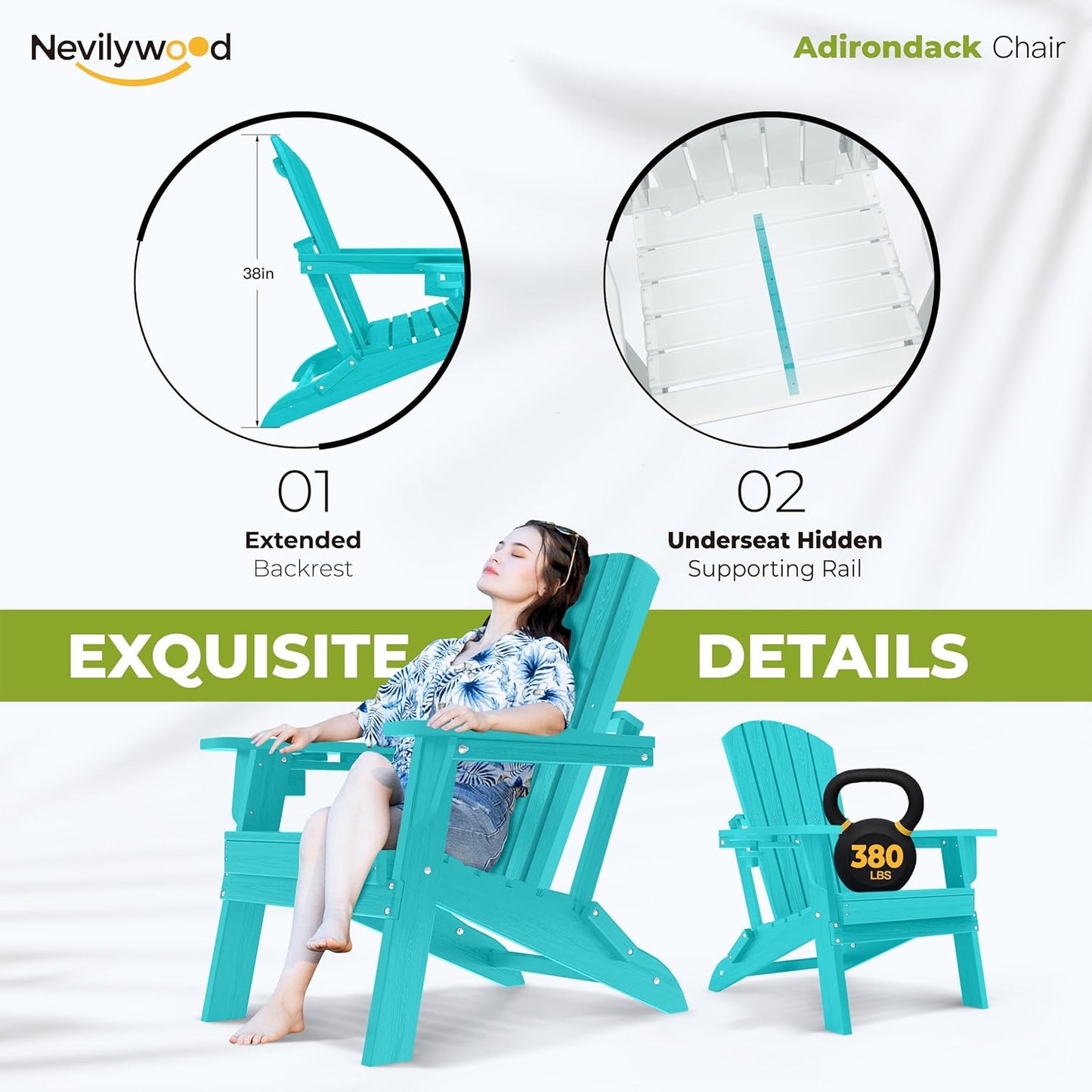 Folding Adirondack Chair - Extended Ergonomic Backrest, Cup Holder - Easy Assembly - Durable HDPE Plastic, Weather Resistant & Maintenance-Free - Lawn, Patio, Deck Supports 400lbs Aruba