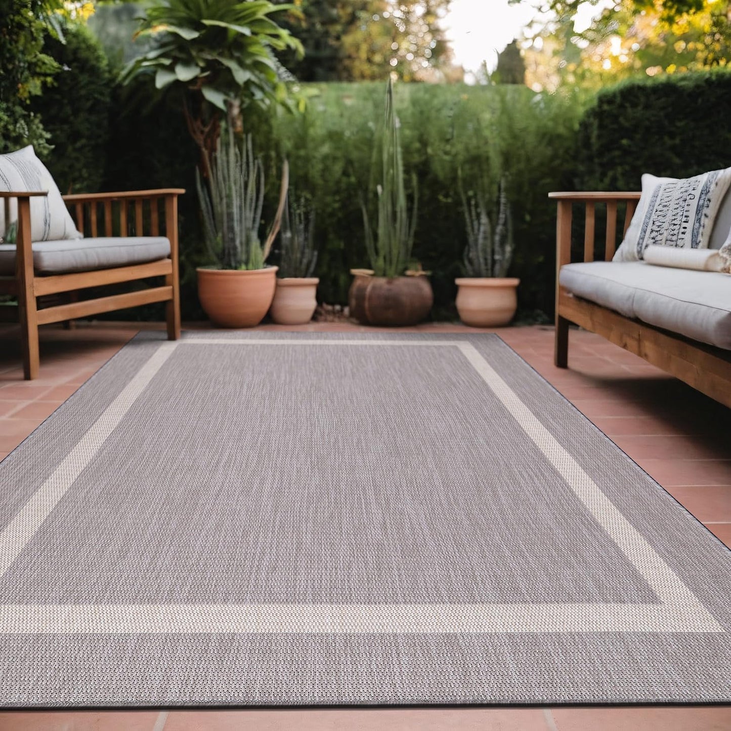 Bordered Outdoor Rug 5x7 Washable Outside Carpet for Indoor Patio Porch Waterproof Easy Cleaning Non Shedding Area Rugs Gray 5 x 7