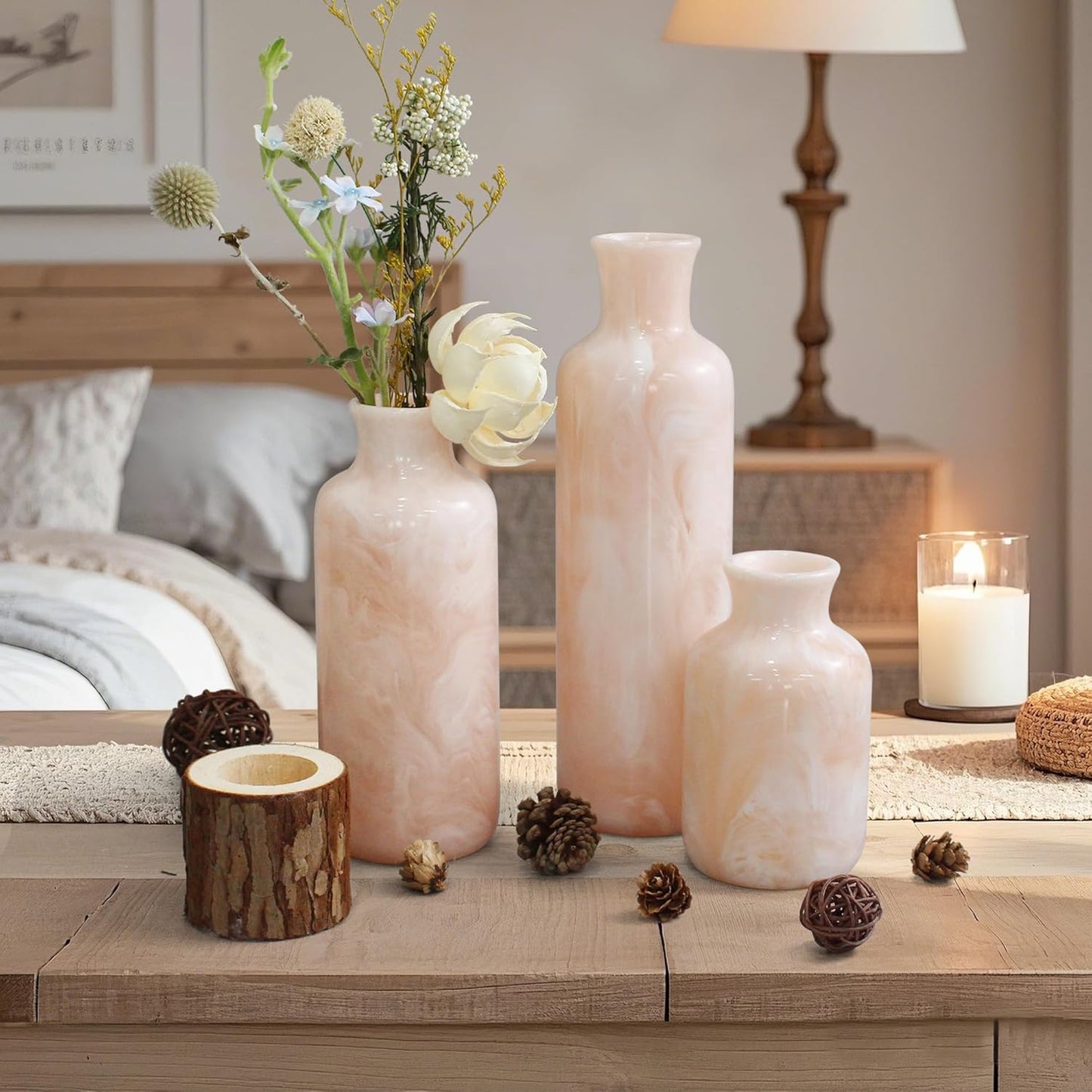 Resin 3 Piece Vase Set, Farmhouse Decor, Home Decorative Vase, Vases for Your Kitchen, Bedroom, Office, Living Room, Bathroom, & Shelf Centerpiece Table Decorations, Pink