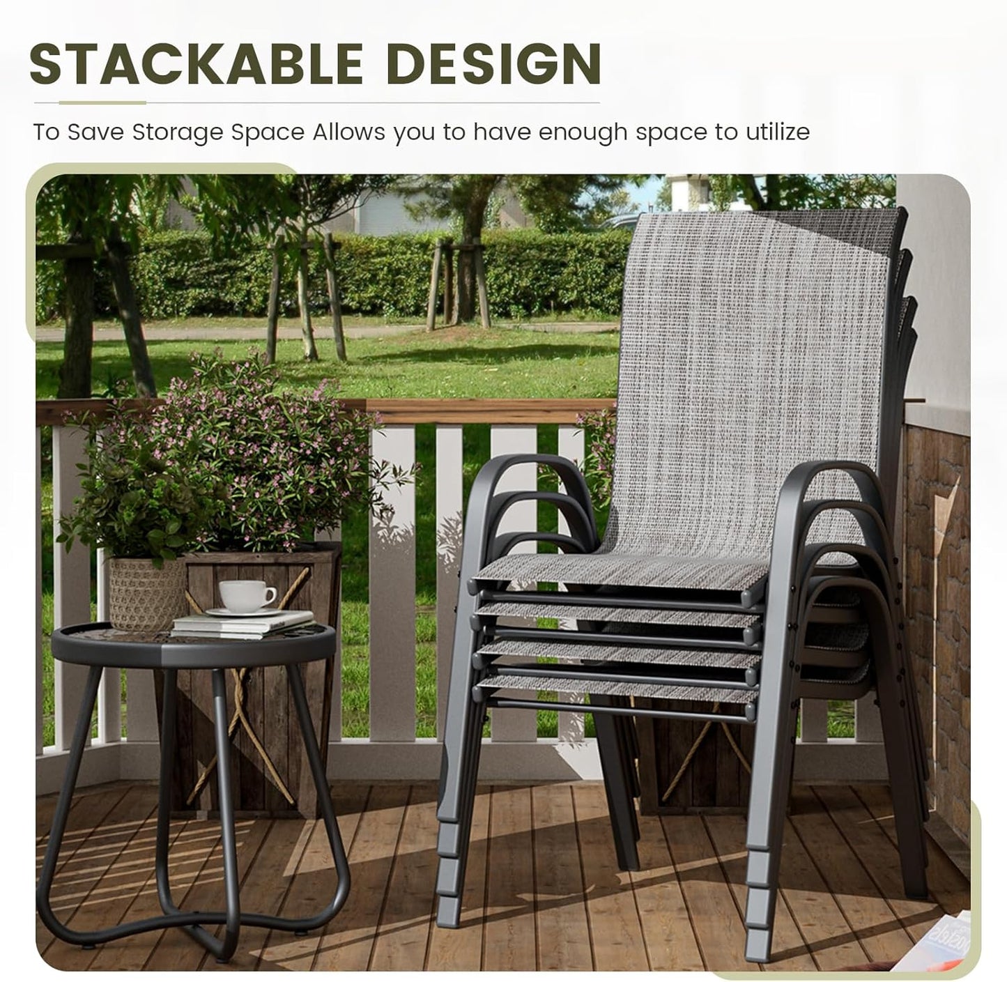 UDPATIO Patio Chairs Set of 8, Stackable Outdoor Dining Chairs with High Back, Breathable Textilene Fabric Outdoor Chair All Weather, 350LBS Capacity for Garden, Backyard (Light Grey)