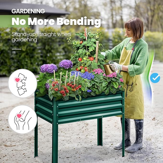 KING BIRD Raised Garden Bed with Legs Galvanized Elevated Planter Box for Backyard, Patio, Balcony, 33.9x17.7x31.5in, Green