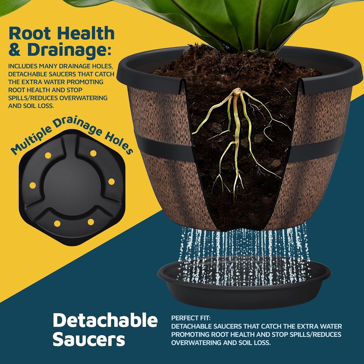 10-Inch Whiskey Barrel Planters Outdoor Pack of 5 - Durable Plastic Plant Pots for Indoor & Outdoor Use with Drainage & Saucer, Lightweight Rustic Barrel Planters for Flowers, Herbs & Small Plants