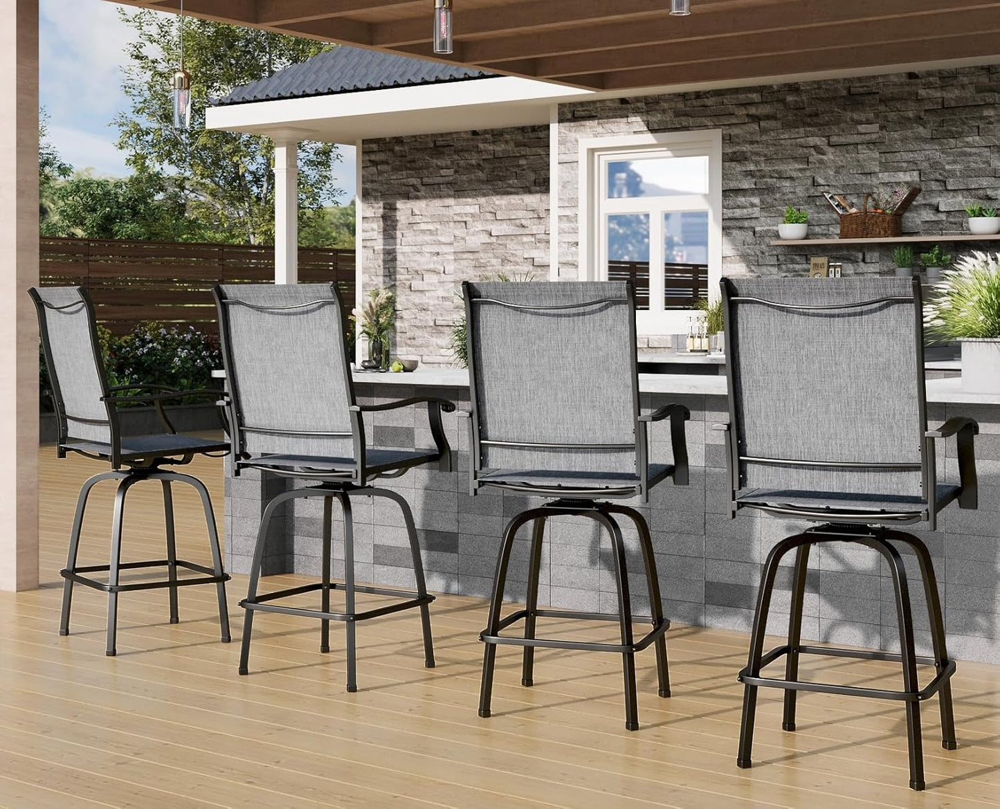 PHI VILLA Outdoor Swivel Patio Bar Stools Set of 4, 30 Inch Bar Height Tall Patio Chairs with Back & Armrest, Durable Textilene Fabric in Grey for Deck Lawn Garden