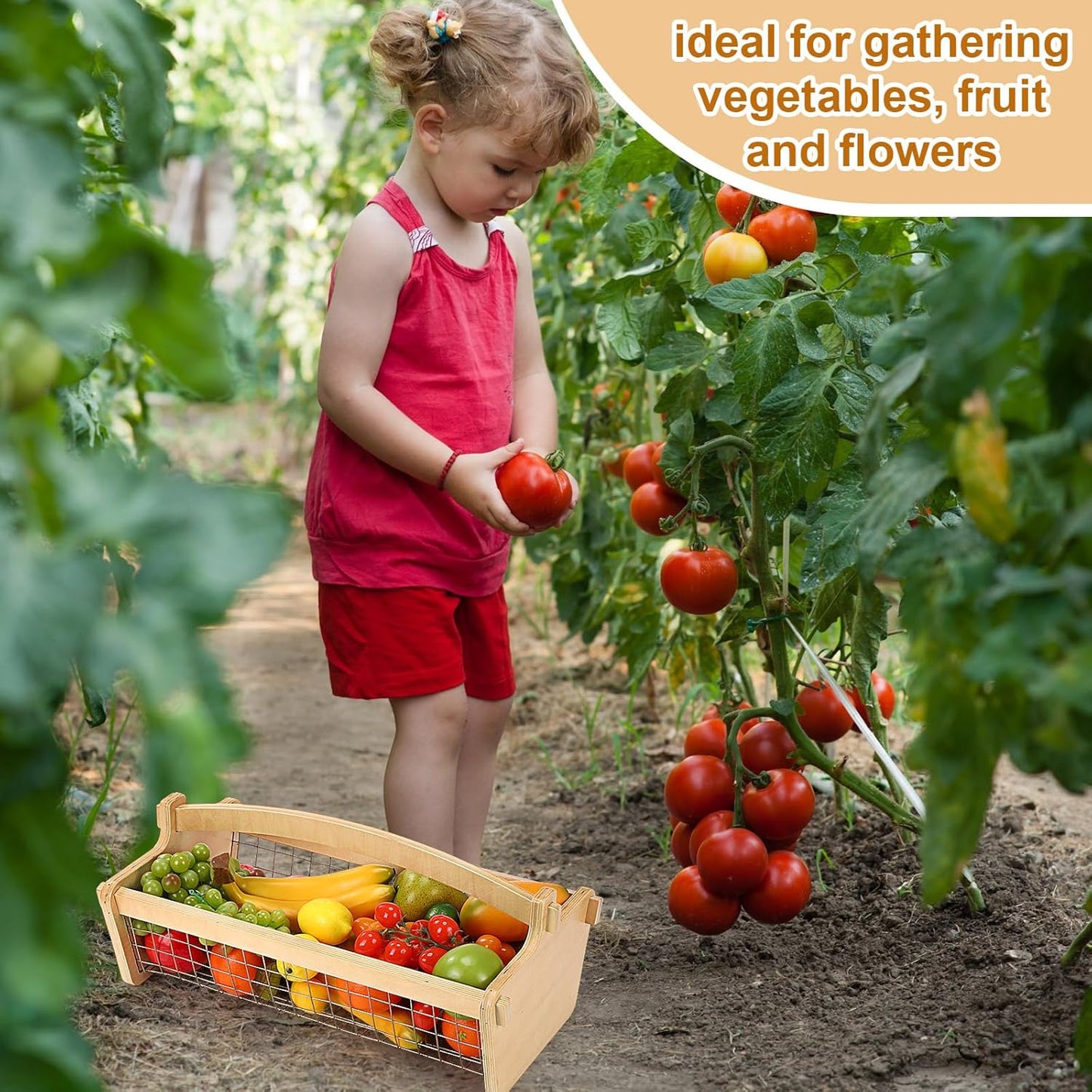 Large Garden Hod Harvest Basket 19 x 11 x 6 Inch, Wooden Gathering Basket with Handle Gardening Gifts for Mom Father Grandma Women Gardener Birthday Washing and Holding Fruit Vegetable