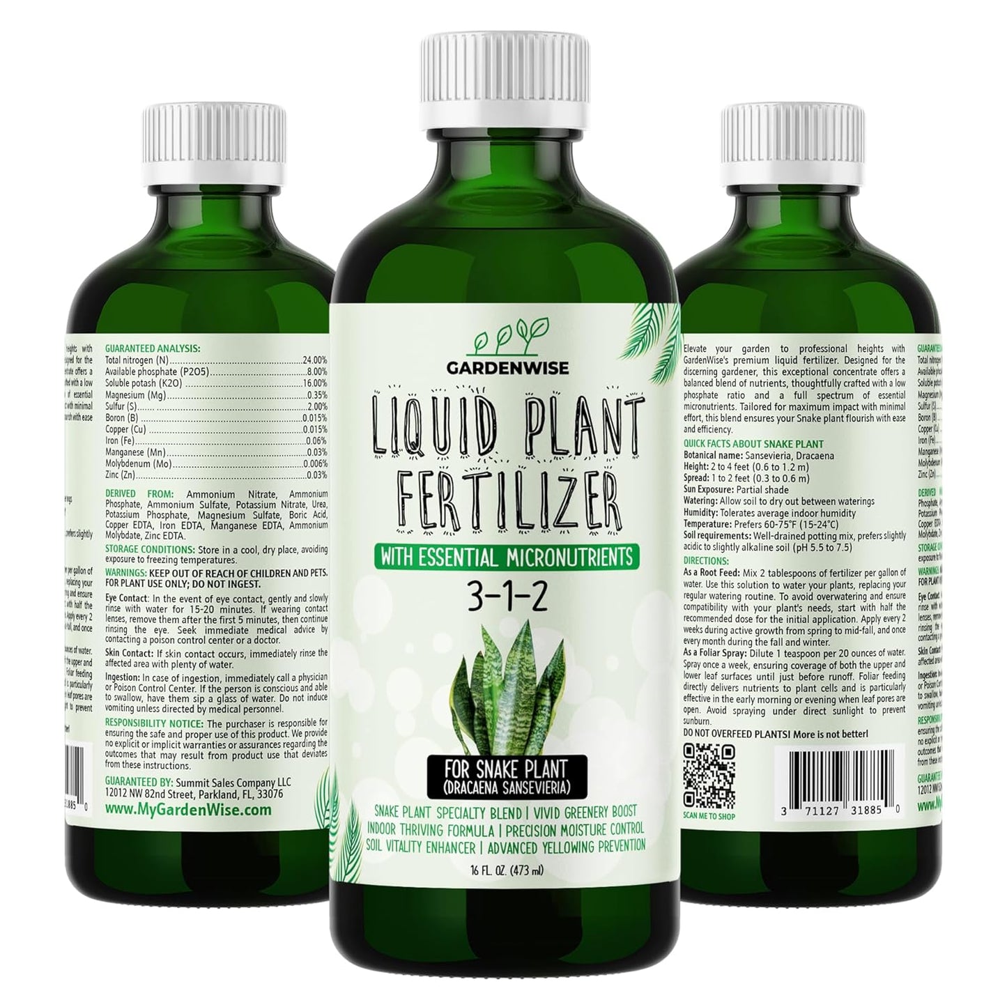 3-1-2 Liquid Fertilizer Concentrate with Micronutrients - Ideal Snake Plant Food for Sansevieria (Dracaena trifasciata), Indoor Plant Care (32 OZ)