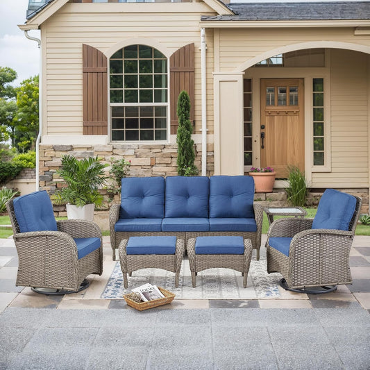 HUMMUH 6 Pieces Outdoor Patio Furniture-PE Rattan Wicker Sofa with Patio Swivel Rocking Chairs Patio Furniture for Deck Lawn Porch Balcony Poolside-Grey/Blue