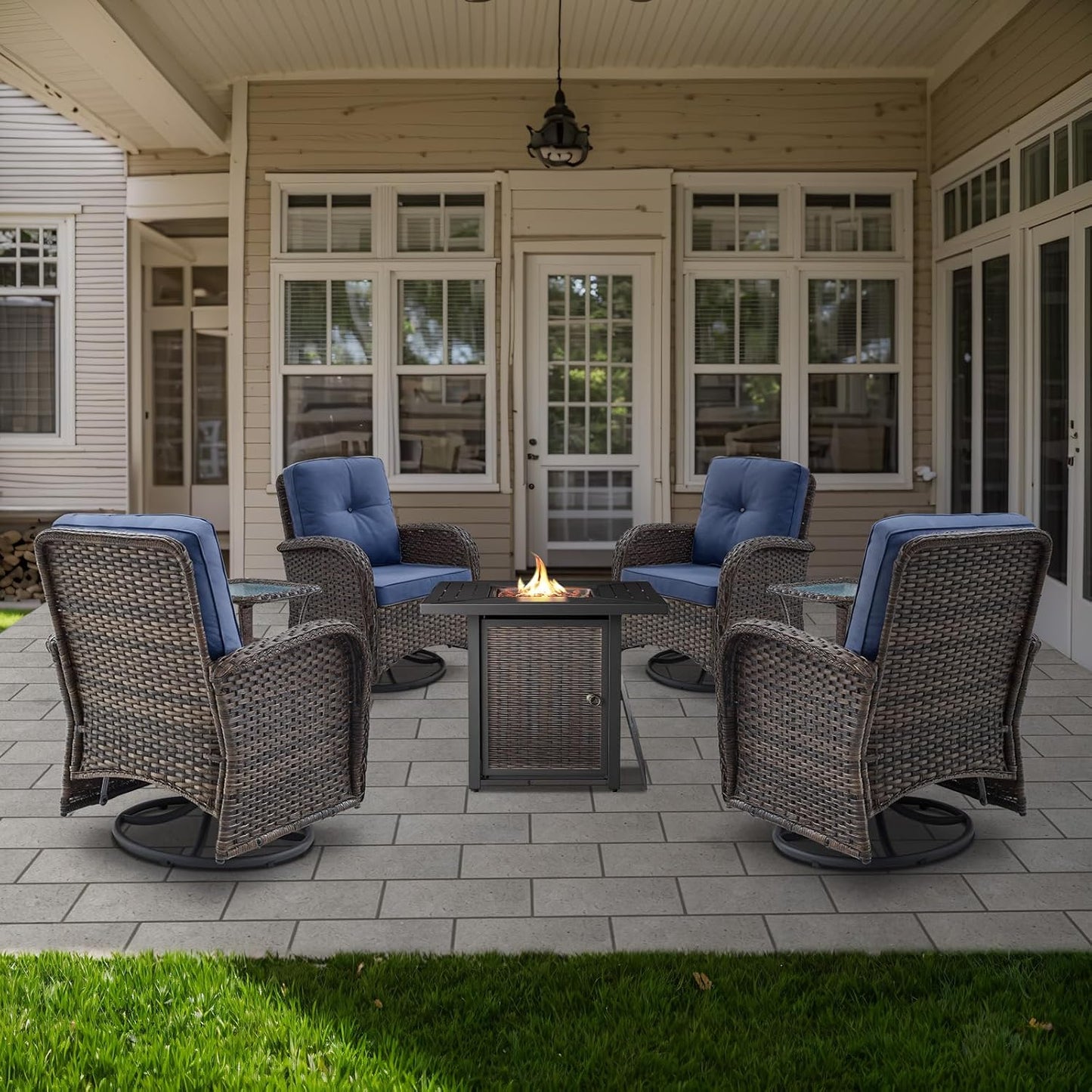 7 Pieces Patio Furniture Set with Fire Pit Table - 4 Outdoor Swivel Rocker Chairs with 50000BTU Propane Fire Table and 2 Side Table, Outdoor Conversation Set for Casual Gathering