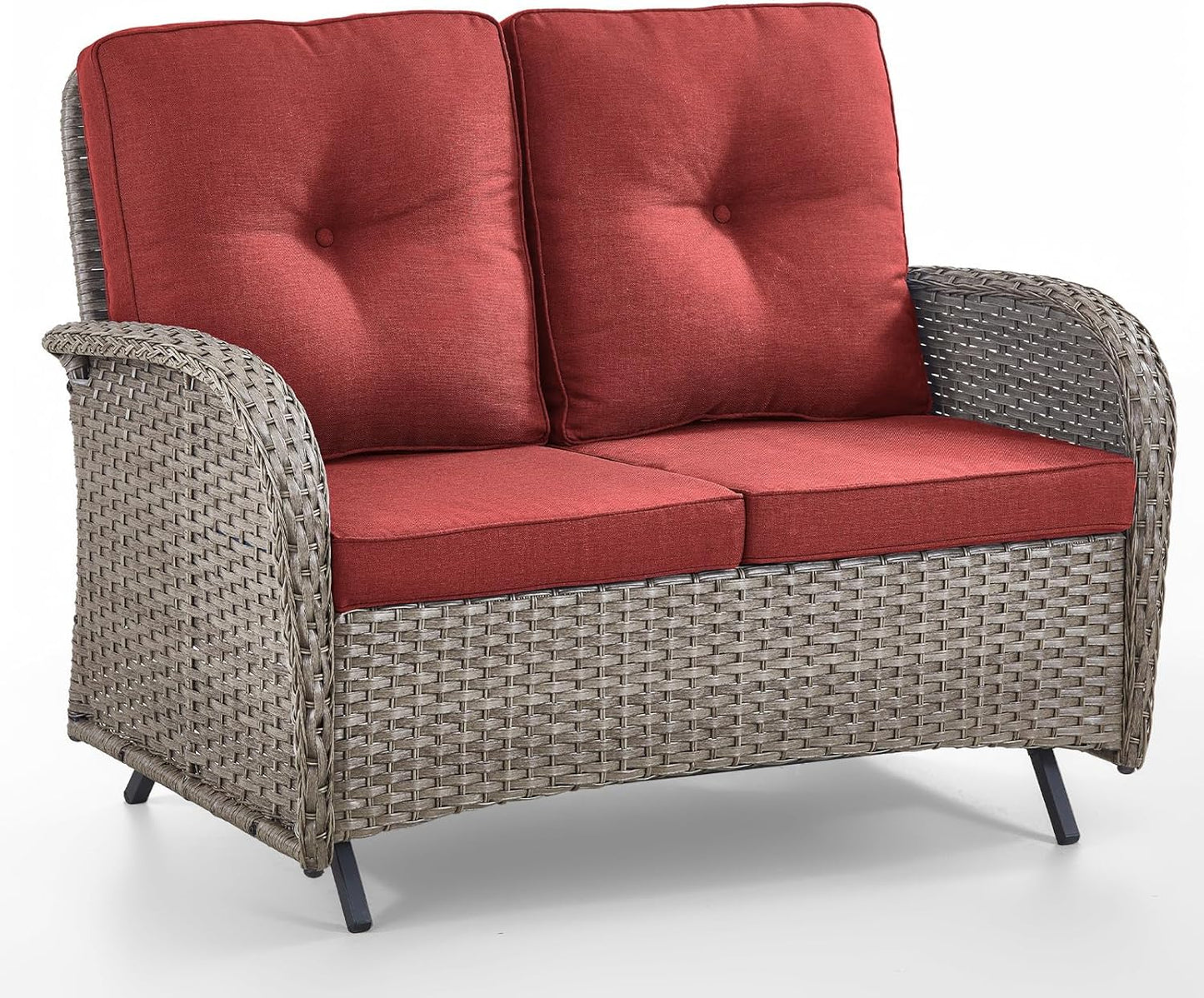 HUMMUH 2-Person Outdoor Glider Bench-All-Weather Wicker Patio Double Swing Rocking Chair Patio Loveseat for Deck Lawn Porch Balcony Poolside-Grey/Red