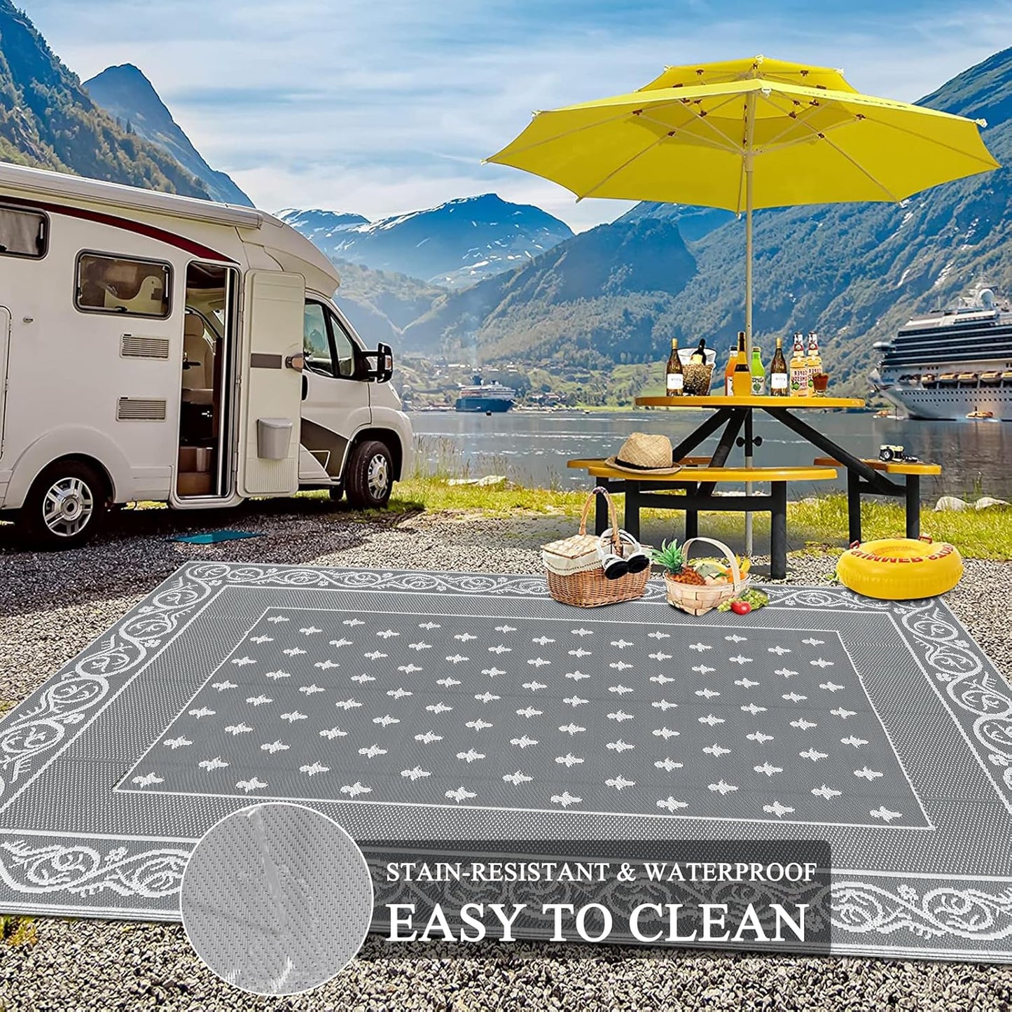 Pauwer Waterproof Outdoor Rug 8x10, Reversible Plastic Straw Patio Camping Rug, Indoor Outdoor RV Mat Carpet for Deck, Camper, Porch, Balcony, Backyard, Picnic, Bordered Grey