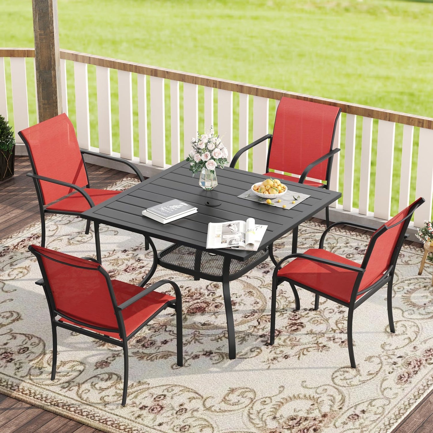 VICLLAX 5 Pieces Patio Dining Set, Outdoor Furniture Set Includes 1 Square Patio Table and 4 Stackable Patio Sling Chairs, Outdoor Table and Chairs for Outsides, Black Table and Red Chairs