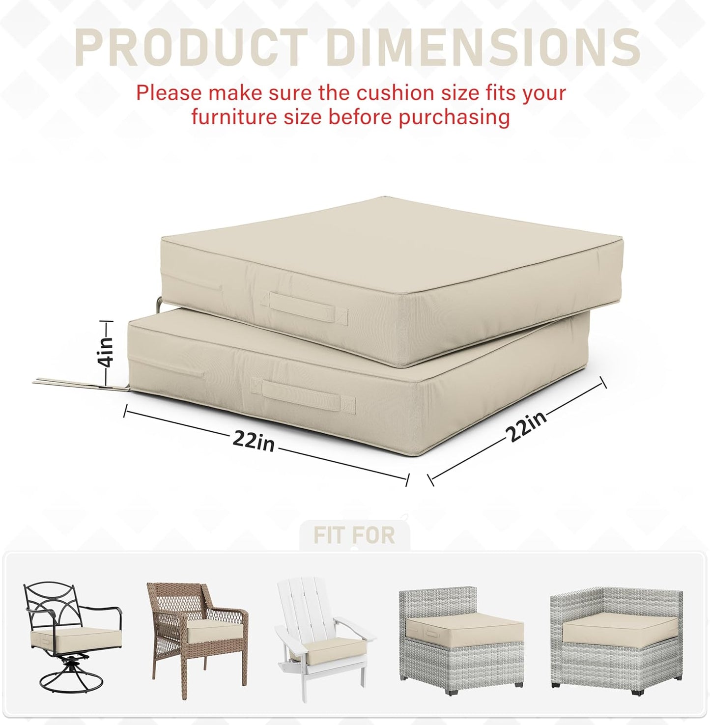 Patio Chair Cushions 22 X 22 X 4 Inch Waterproof Outdoor Seat Cushions for Patio Furniture, Outdoor Sofa Couch Pads with Ties & Handle, Set of 2, Cream