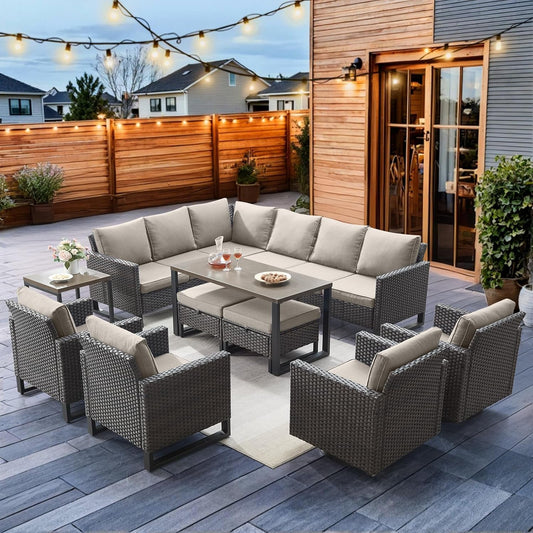 HUMMUH 10 Piece Patio Furniture PE Wicker 6-Seater Outdoor Sectional Sofa with Dinning Table Patio Swivel Chairs Outdoor Chairs for Porch,Garden,Backyard,Deck(Brown/Grey)