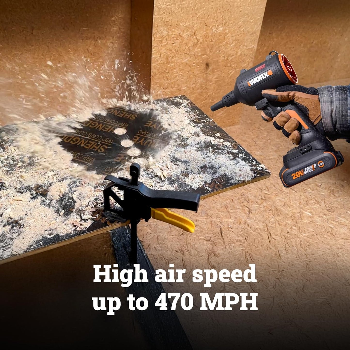 WORX Cordless Blower/Inflator, 20V 39 CFM 470 MPH Brushless High Speed Portable Dust Cleaner for Workshop, Lawn, Yard, Home, Lightweight Handheld Blower, Tool Only, PowerShare