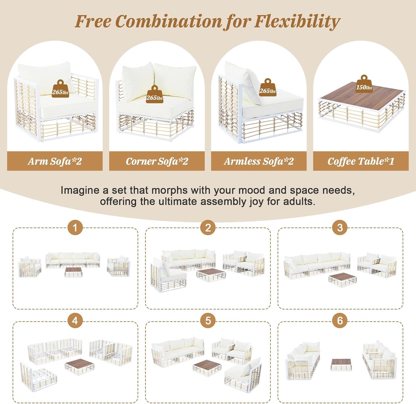 7-Piece Metal Patio Sectional Sofa Set, Free Combination Sofa Set with Coffee Table, All-Weather Garden Conversational Furniture Set with Thick Cushions and 8 Pillows (White Frame+Beige Cushion)