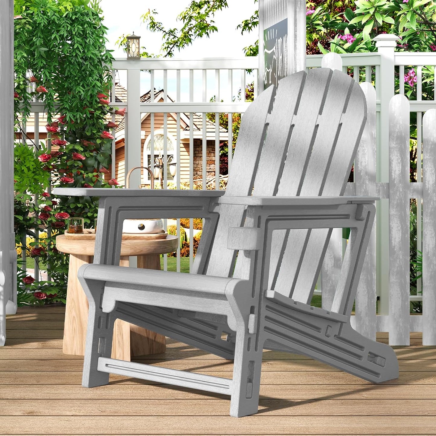 Adirondack Chairs Set of 2, Tool-Free Assembly All-Weather Plastic Adirondack Chairs, HDPE Fire Pit Chairs with Cup Holder, Outdoor Chair for Patio Garden (Grey)