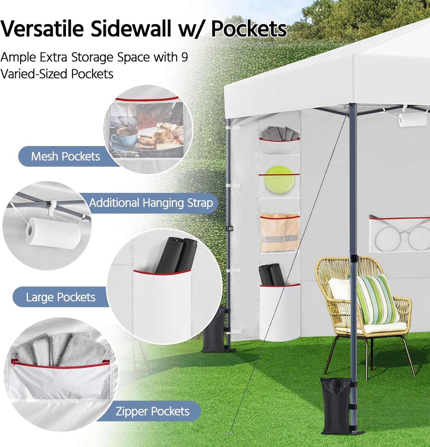 Yaheetech 8x8 Pop-up Canopy Tent w/Removable Pockets Sidewall for Extra Storage, Outdoor Sun Shelter Waterproof & Durable w/Wheeled Bag, Sandbags & Guylines for Beach Camping Party (White)
