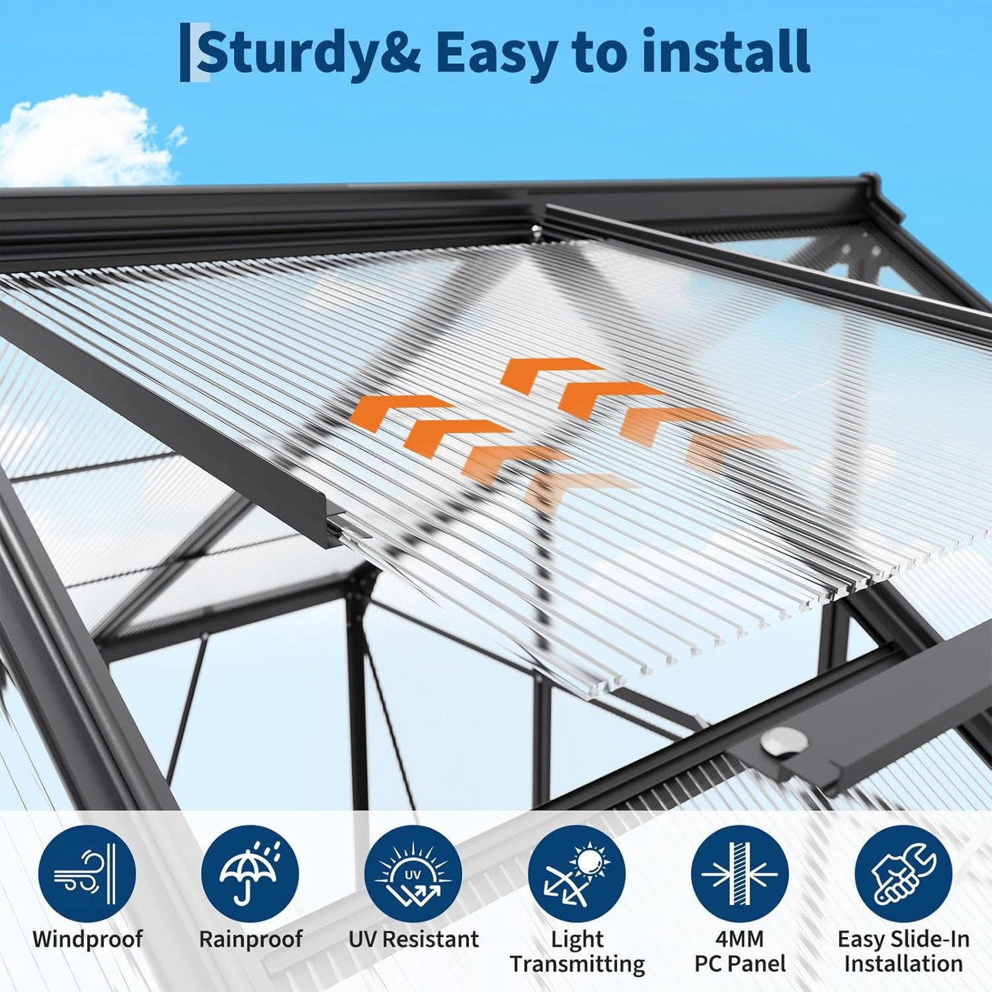 6x8FT Polycarbonate Greenhouse - Walk-in Outdoor Aluminum Frame Greenhouse with Roof Vent, Lockable Push Door for Garden, Backyard, Patio & Lawn(Black)