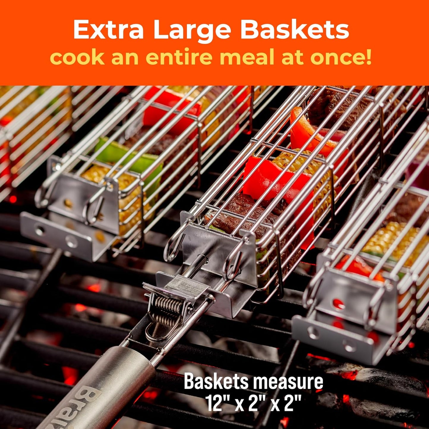 Kabob Grilling Basket Set of 4 with Removable Handle – Stainless Steel Baskets for Grilling Vegetables, Fish & Kabobs – Outdoor BBQ Accessories with Heavy-Duty Scrub Sponge