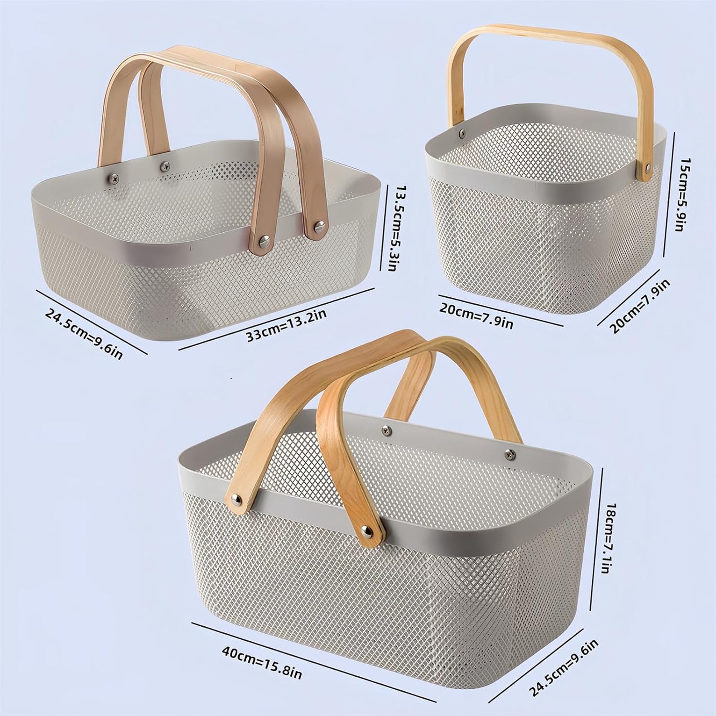 3pcs plastic harvest baskets, foldable wooden handles, rectangular garden storage baskets, for picking and collecting vegetables and fruits in the garden cabinet (Gray)