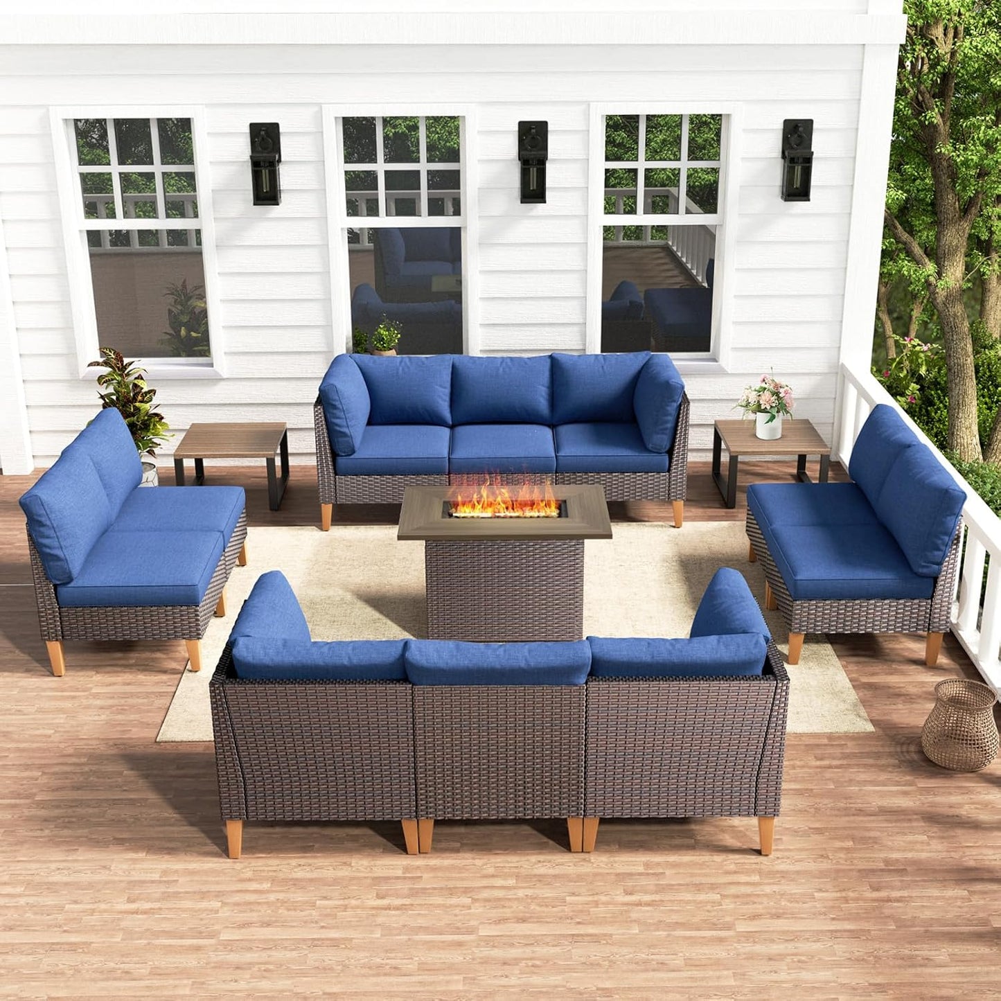 HUMMUH Patio Furniture Set with Fire Pit,Outdoor Modular Sectional Couch Loveseat Chairs with Table,All Weather PE Wicker Patio Conversation Sets for Deck Porch Backyard