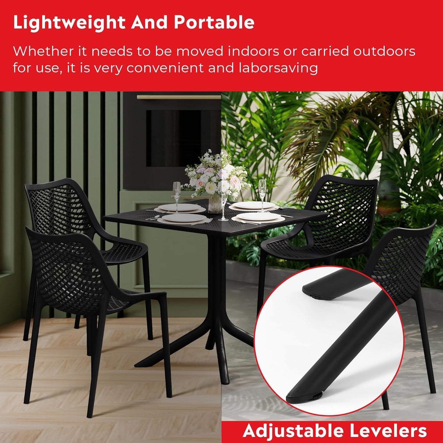 Breakfast Table Set for 4, HDPE Patio Square Dining Table and Stackable Chairs, Outdoor Small Patio Furniture Set All Weather for Backyard Porch Poolside, Black