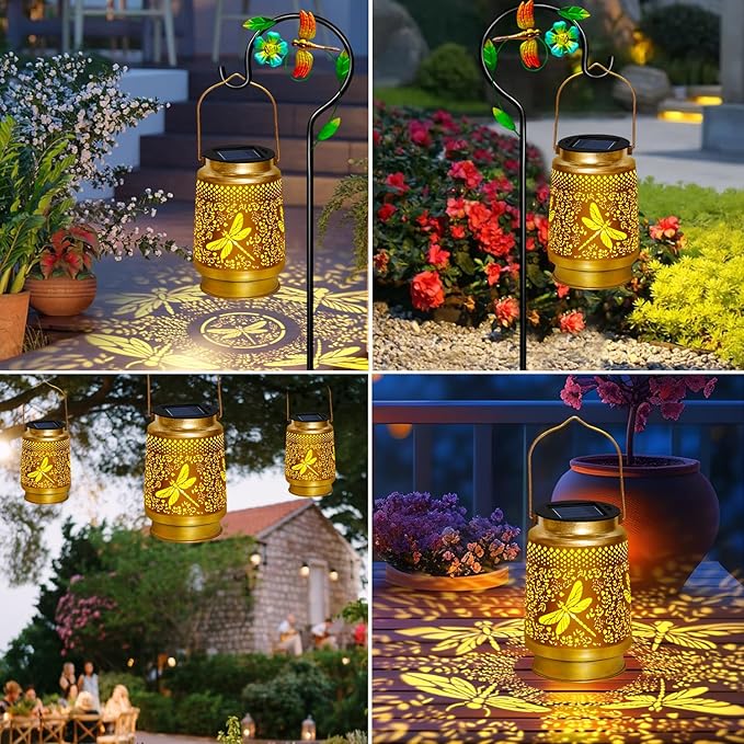 2 Pack Solar Lanterns Outdoor Waterproof,Dragonfly Solar Lights Garden Decor Gifts for Mom Women Grandma Decoration Outside for Yard, Patio,Backyard,Porch