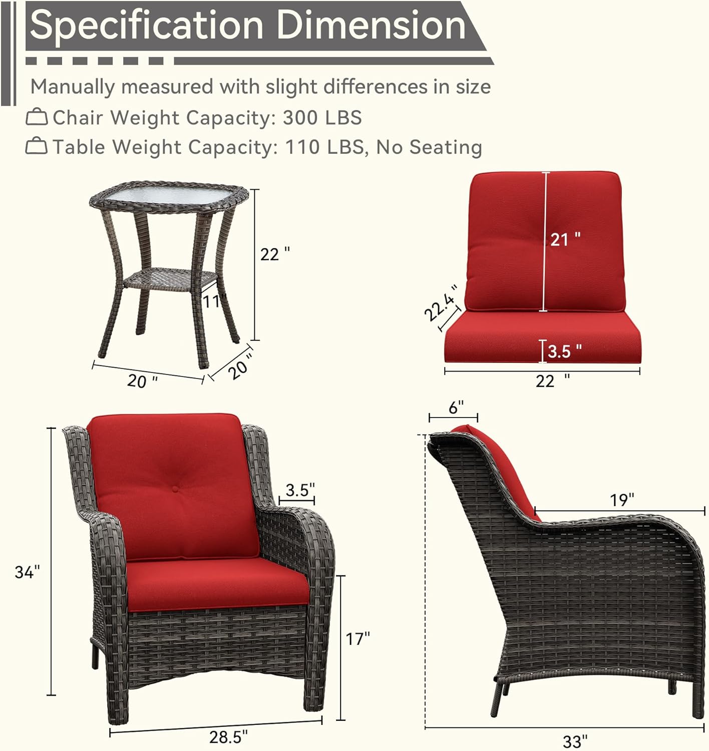 3 Pieces Outdoor Patio Chairs Set - Wicker Patio Conversation Sets with 1 Side Table, Olefin Fabric Cushions Suitable for Backyard Deck and Porch,Red