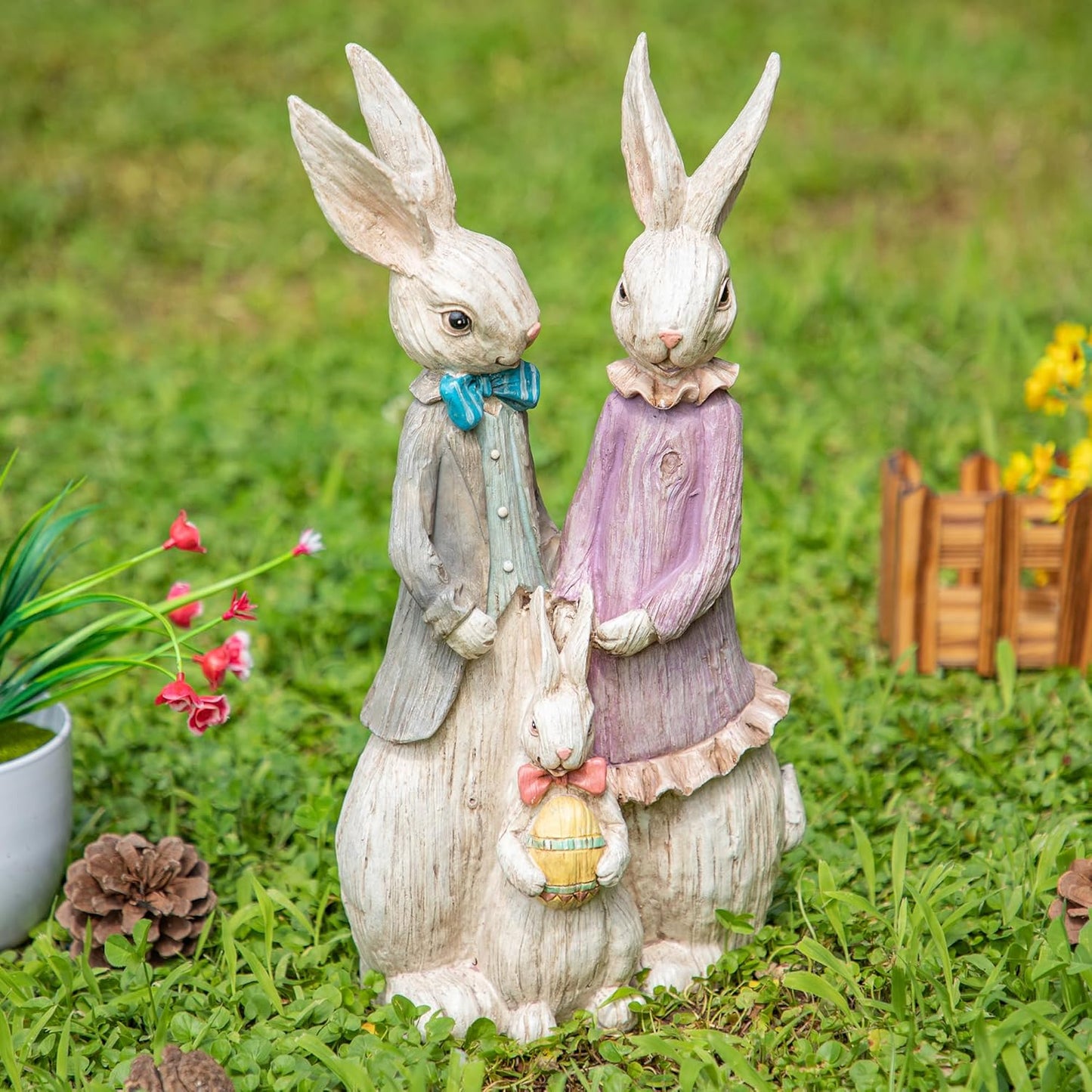 Topadorn Rabbit Family Statue Home Decor Resin Sculptured Hand Painted Figurine Creative Craft Cute Decoration Gift for Kids Womens Decorative Garden Yard Room