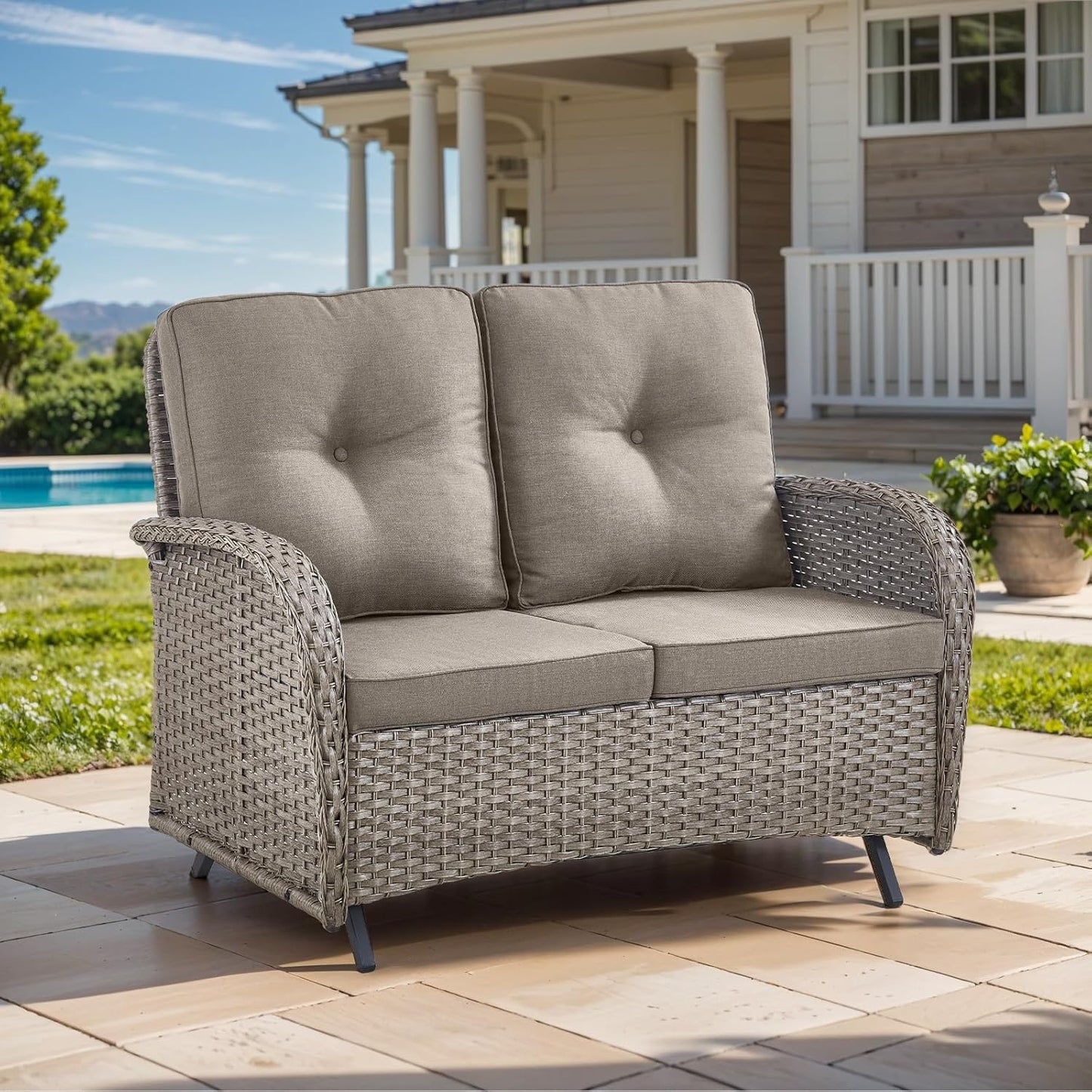 HUMMUH 2-Person Outdoor Glider Bench-All-Weather Wicker Patio Double Swing Rocking Chair Patio Loveseat for Deck Lawn Porch Balcony Poolside-Grey/Grey