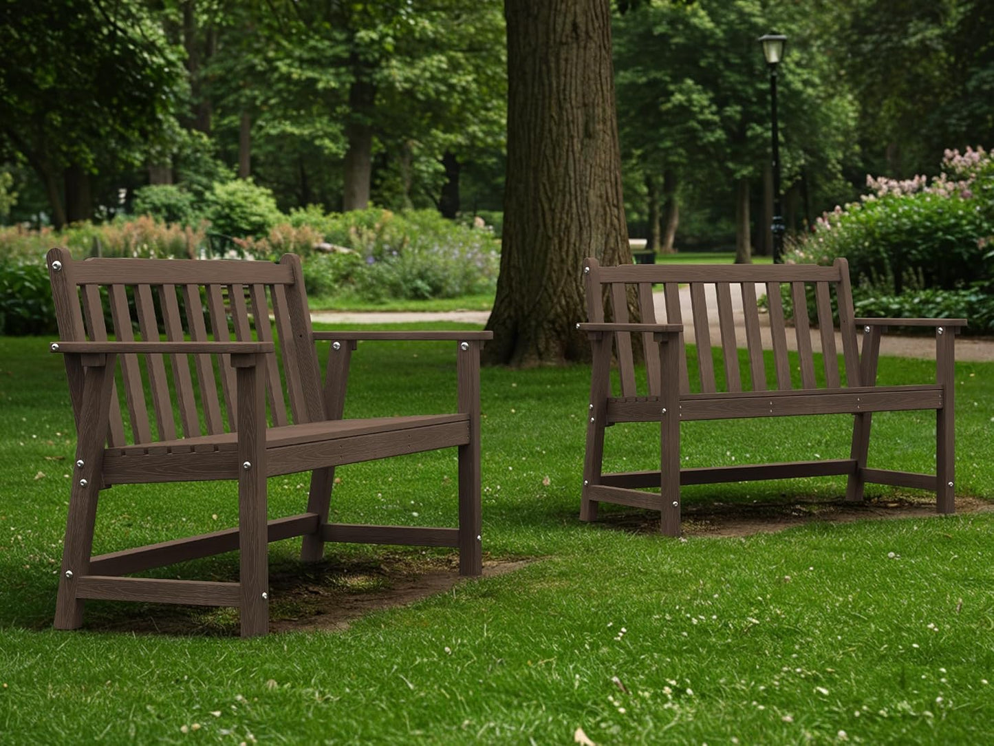 Ciokea 44" Outdoor Bench Set of 2, HDPE Weatherproof Garden Bench, 2-Person Memorial Benches with 550 Lbs, Waterproof Patio Porch Benches for Outside Business Deck Office Backyard Balcony, Brown