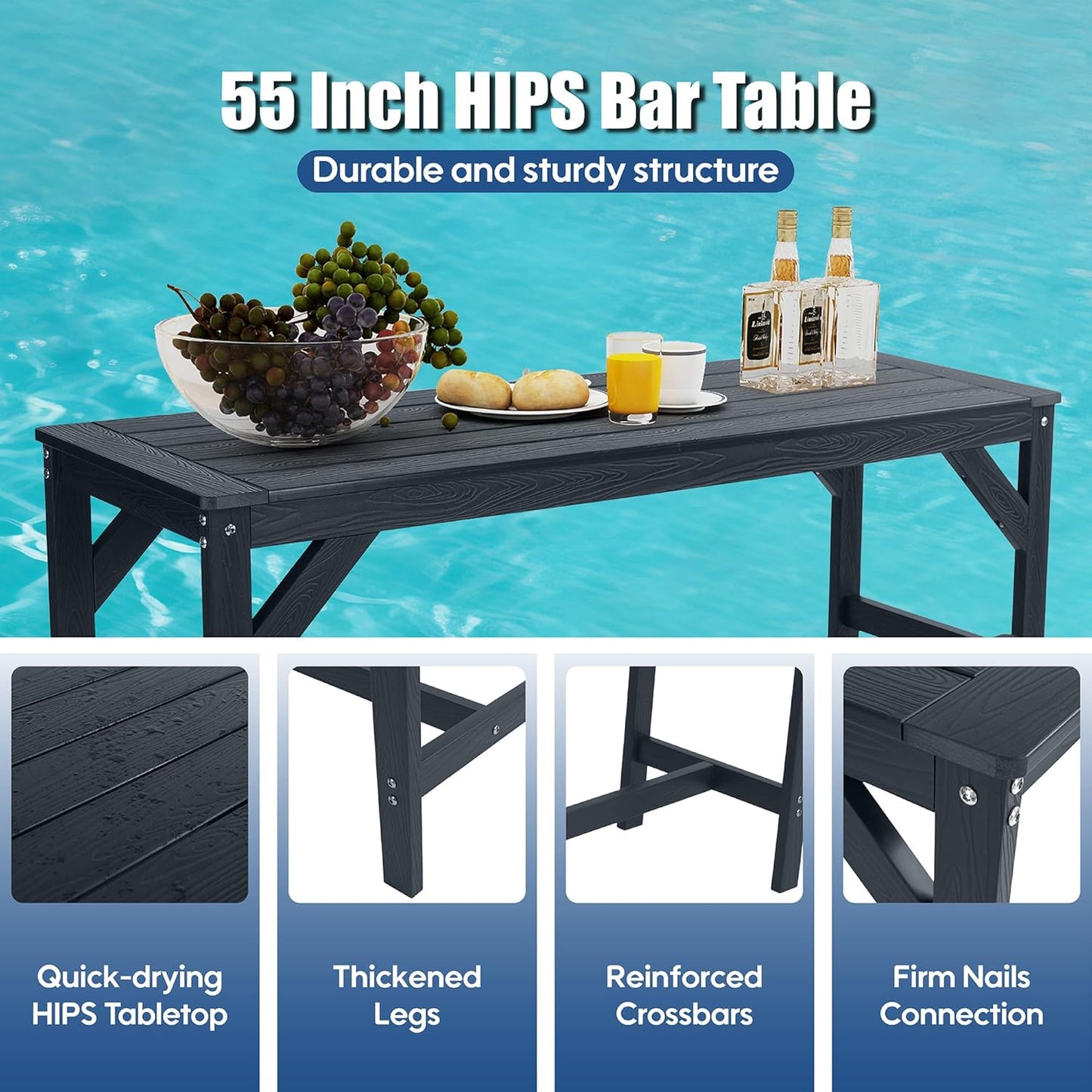 3Pcs HIPS Outdoor Patio Bar Set, All Weather HIPS Bar Table and Chairs Set for Outside, 55" Rectangular High Top Bar Table with 2 Bar Stools for Poolside, Patio, Balcony, Deck, Black